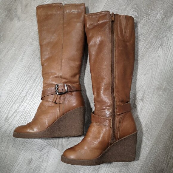 Aldo Ladies Size 7 Brown Knee High Side Zip Lined Faux Leather Wedge Heel Boots - Picture 13 of 13